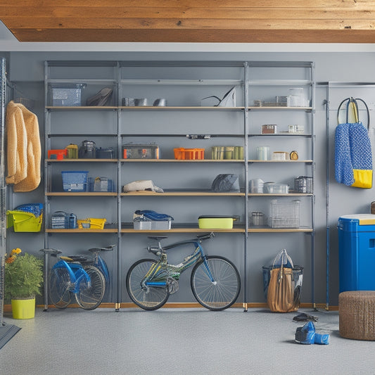 A clutter-free garage with a sleek, metallic storage system featuring hooks for hanging bikes, a slotted wall for organizing camping gear, and a shelving unit for stacked coolers and waterproof containers.