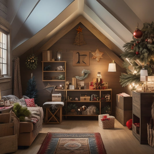 An organized attic space with labeled bins, stacked shelves, and a few decorative items like a Christmas tree topper and a wreath peeking out, surrounded by warm, soft lighting.