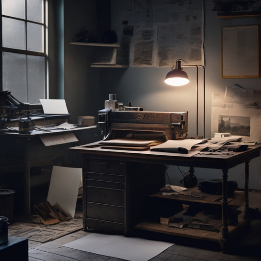 A dimly lit, minimalist workspace with a single, spot-lit screen-printing press in the center, surrounded by scattered paper scraps, ink-stained tools, and a majestic, partially printed poster.