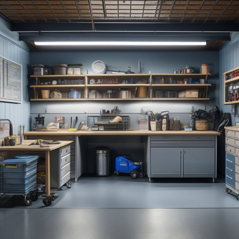 A well-lit, organized garage with labeled bins, a pegboard with neatly hung tools, and a sleek, silver workbench with a built-in vice, surrounded by a clean, epoxy-coated floor.