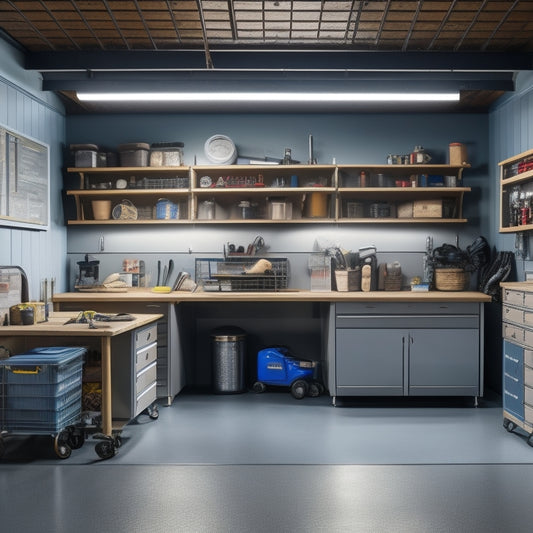 A well-lit, organized garage with labeled bins, a pegboard with neatly hung tools, and a sleek, silver workbench with a built-in vice, surrounded by a clean, epoxy-coated floor.
