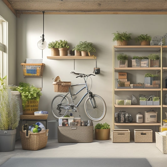 A clutter-free garage with a mix of shelving units, bins, and hooks in a warm beige and gray color scheme, with a few bicycles, balls, and toys neatly organized and a few plants adding a touch of greenery.