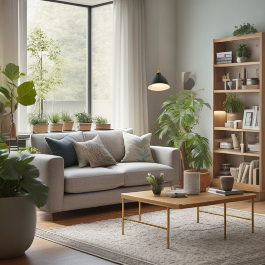 A serene, minimalist living room with a few, carefully-placed decorative items, a tidy bookshelf, and a few potted plants, surrounded by empty, clutter-free space and natural light.