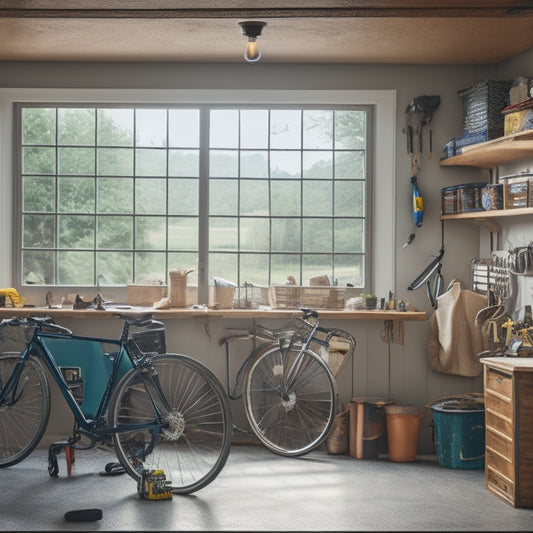 An organized garage with a tidy workbench, tools hung on a pegboard, a few bikes parked against a wall, and a clear floor, illuminated by a large window with a sunny backyard view.