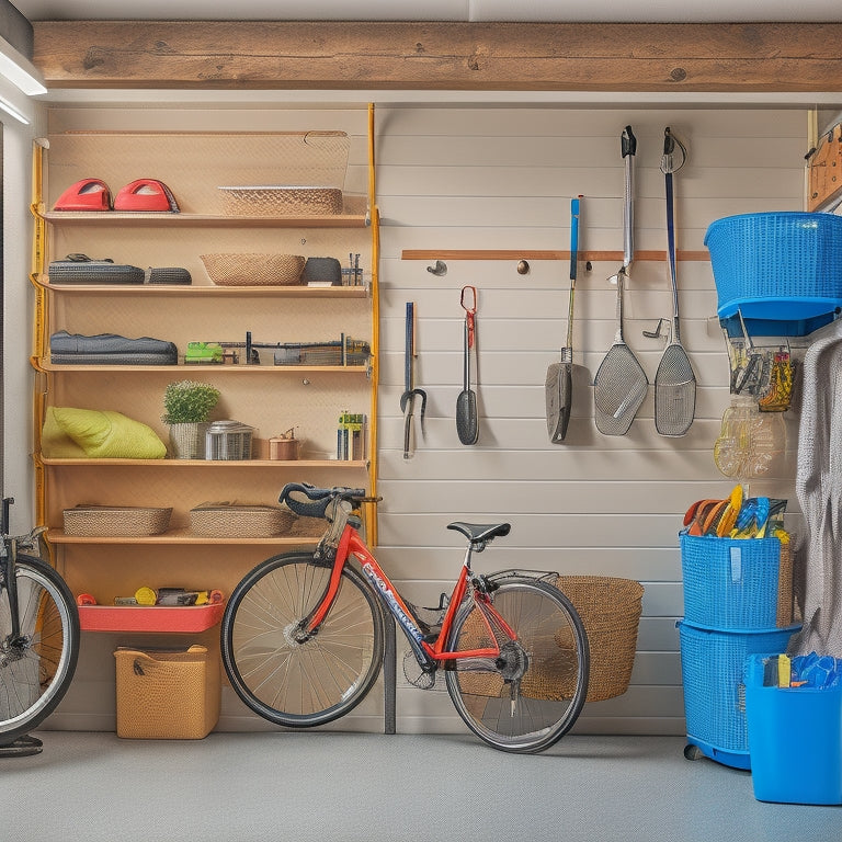 A well-organized small garage with a pegboard on the wall, holding various tools and accessories, alongside labeled bins and baskets on shelves, and a sleek bike suspended from the ceiling.