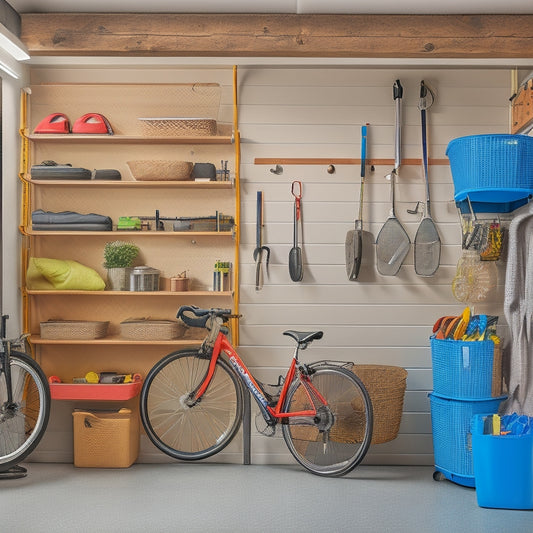 A well-organized small garage with a pegboard on the wall, holding various tools and accessories, alongside labeled bins and baskets on shelves, and a sleek bike suspended from the ceiling.