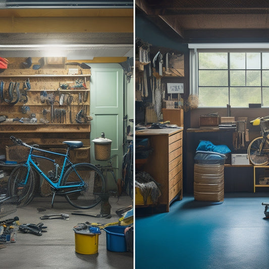 A before-and-after split-screen image: cluttered garage with tools scattered, bikes piled, and boxes stacked versus a tidy, organized space with labeled bins, a pegboard, and a sleek workbench.