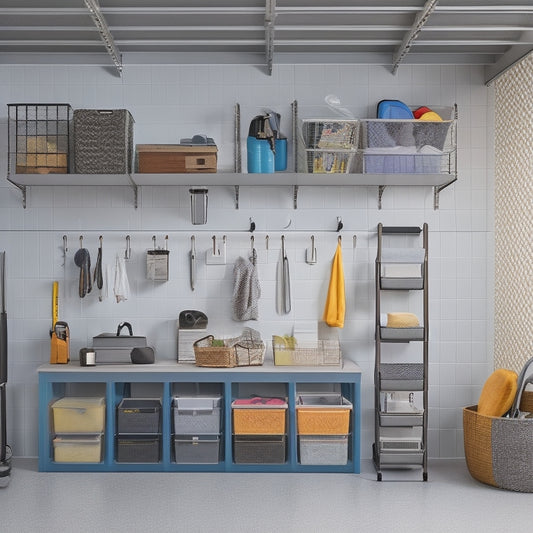 A well-organized garage with a slatwall featuring various hooks, bins, and baskets, a floor-to-ceiling shelving unit, and a compact workstation with a built-in pegboard, all in a clean and minimalist aesthetic.