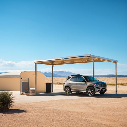 A portable garage with a sturdy metal frame, beige canopy, and anchored to the ground, sheltering a sleek black SUV on a sunny day with a few clouds in the clear blue sky.