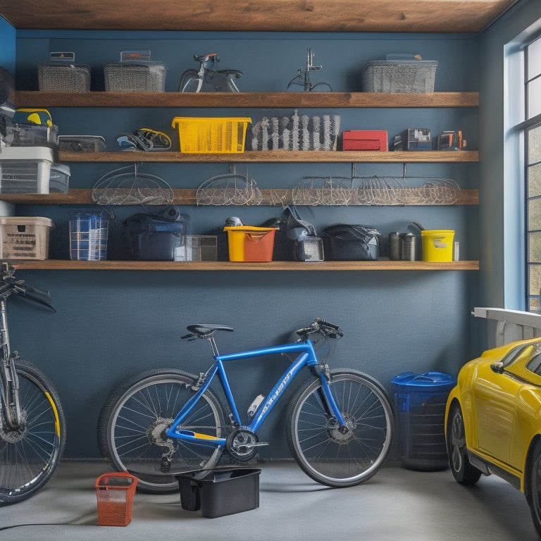 A clutter-free small garage with a pegboard on the wall, hooks holding bikes, and stacked plastic bins labeled with colored stickers, surrounded by a few well-organized tools and a sleek sports car.