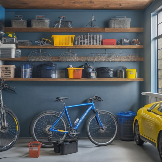 A clutter-free small garage with a pegboard on the wall, hooks holding bikes, and stacked plastic bins labeled with colored stickers, surrounded by a few well-organized tools and a sleek sports car.