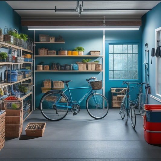 A well-lit, modern garage interior with floor-to-ceiling shelves, baskets, and bins, showcasing a neatly organized workspace, with a few bicycles and gardening tools hung on the walls.