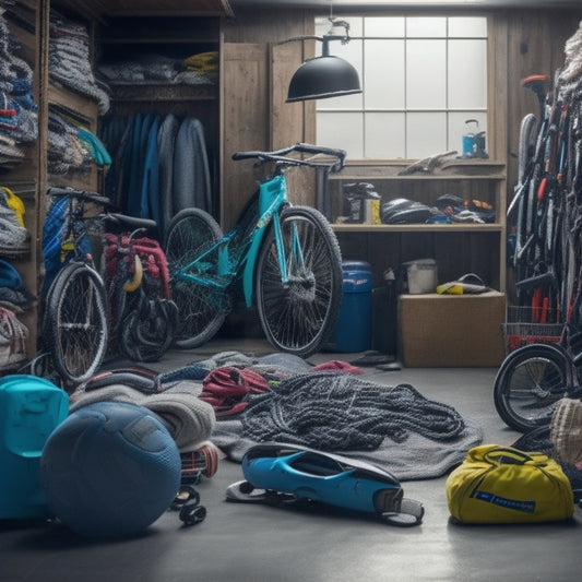 A cluttered garage interior with bicycles, skateboards, and summer toys tangled around winter gear like skis, snowboards, and hockey equipment, amidst scattered sports bags and tangled cords.