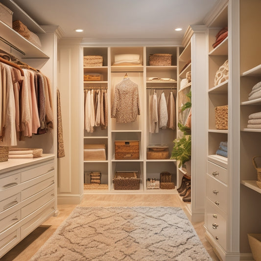 A serene, well-lit walk-in closet with custom-built shelves, drawers, and rods, featuring rich wood tones, soft cream-colored walls, and a plush area rug, surrounded by stylish clothing and accessories.