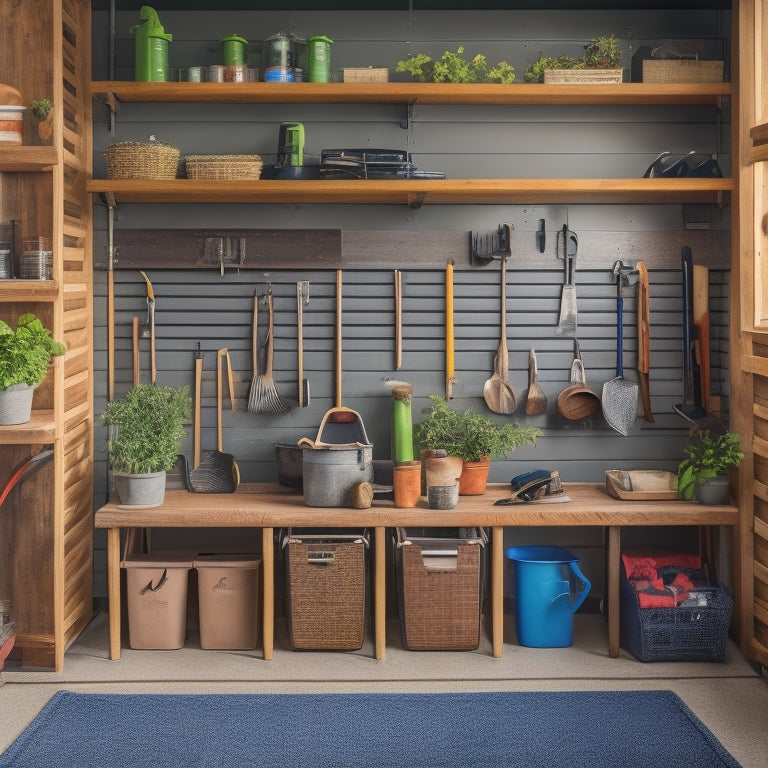 A well-organized garage with a designated gardening tool station featuring a wooden workbench, pegboard with hung tools, and a shelving unit with labeled bins and baskets, surrounded by a clean and clutter-free space.