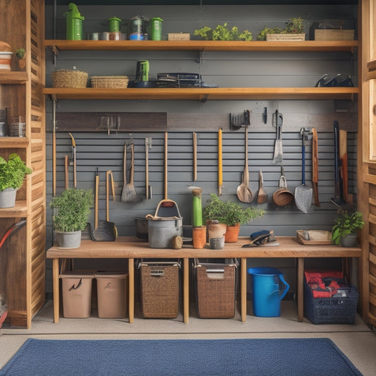 A well-organized garage with a designated gardening tool station featuring a wooden workbench, pegboard with hung tools, and a shelving unit with labeled bins and baskets, surrounded by a clean and clutter-free space.