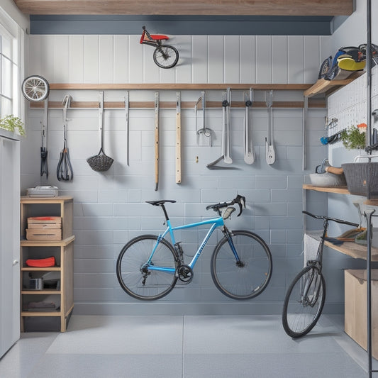 A well-organized garage with polished concrete floors, featuring a sleek, wall-mounted pegboard with hanging bicycles, tools, and sports equipment, alongside a row of custom, grey, cabinets with silver handles.