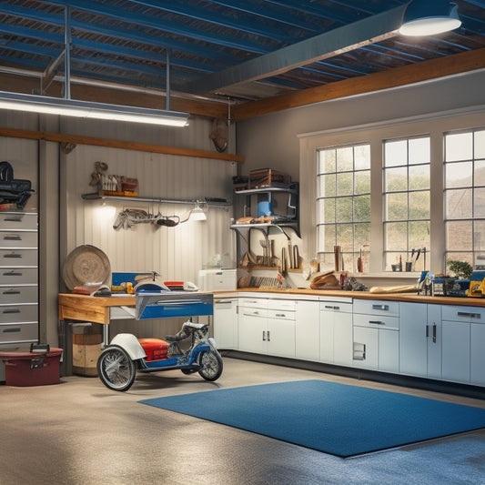 A well-lit, organized garage with sleek, white cabinets, polished chrome handles, and a sturdy workbench, surrounded by a few strategically placed tools and a vintage sports car in the background.