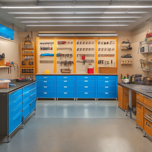 A well-lit, clutter-free garage with sleek metal cabinets, labeled bins, and a pegboard adorned with neatly hung tools, set against a backdrop of a polished epoxy floor and a sturdy workbench.