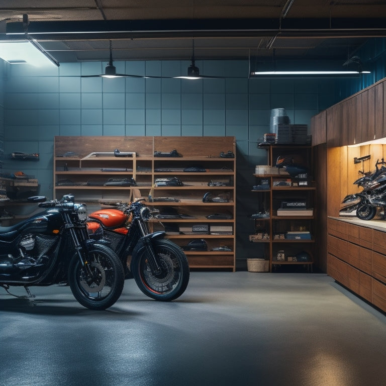A dimly lit, spacious motorcycle garage with polished concrete floors, featuring various shelving units: steel racks with bins, wooden cabinets, and sleek, wall-mounted shelves, amidst bikes and tools.