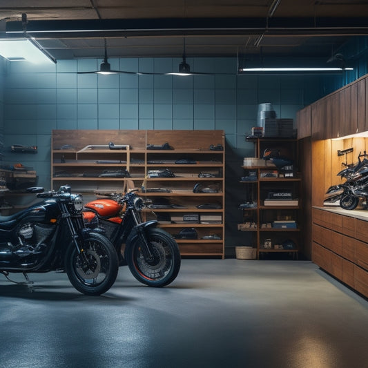 A dimly lit, spacious motorcycle garage with polished concrete floors, featuring various shelving units: steel racks with bins, wooden cabinets, and sleek, wall-mounted shelves, amidst bikes and tools.