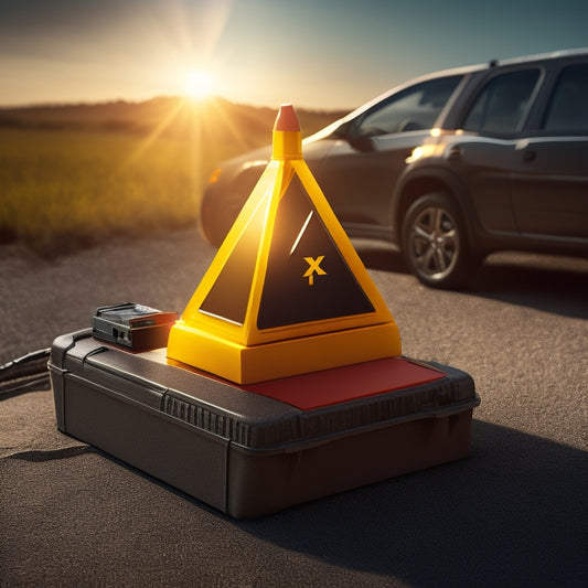 An image depicting a car battery with a red "X" symbol overlaid, connected to a solar panel with a cautionary yellow triangle surrounding the setup, set against a darkened background.