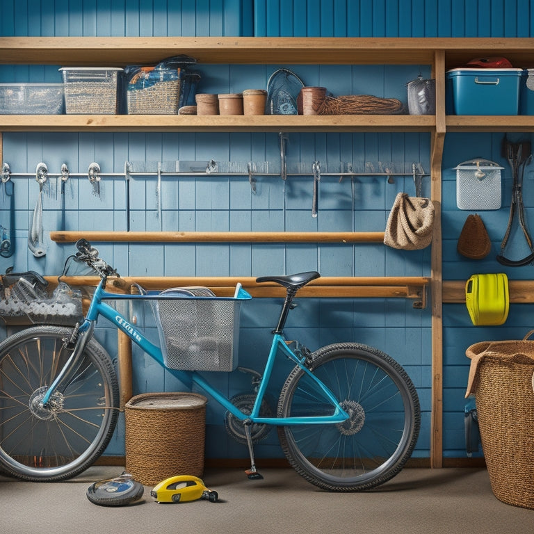 A tidy garage with a pegboard on the wall, various hooks and hangers holding bicycles, tools, and storage bins, and a few free hooks waiting for future organization.