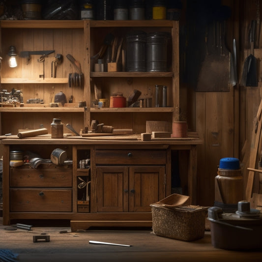 A well-lit, partially assembled wooden cabinet with various DIY tools and materials scattered around it, including a tape measure, hammer, and wood planks, on a cluttered workbench.