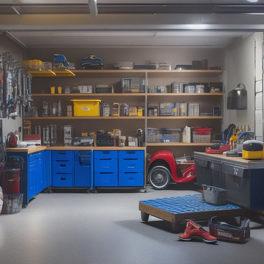 A cluttered garage in the background, with tools and storage bins scattered everywhere, transitioning into a sleek, organized space with labeled bins, a pegboard, and a shiny sports car in the foreground.
