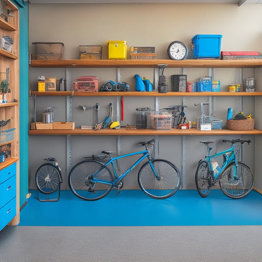 A well-organized, compact garage with sleek, wall-mounted shelves and a slotted storage system, showcasing a tidy arrangement of tools, bins, and a few bikes, with a small workbench in the corner.