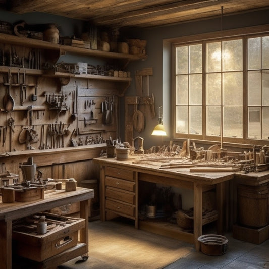 A well-organized woodworking shop with a central island, neatly labeled storage bins, and tools hung on a pegboard, illuminated by natural light pouring through a large window.
