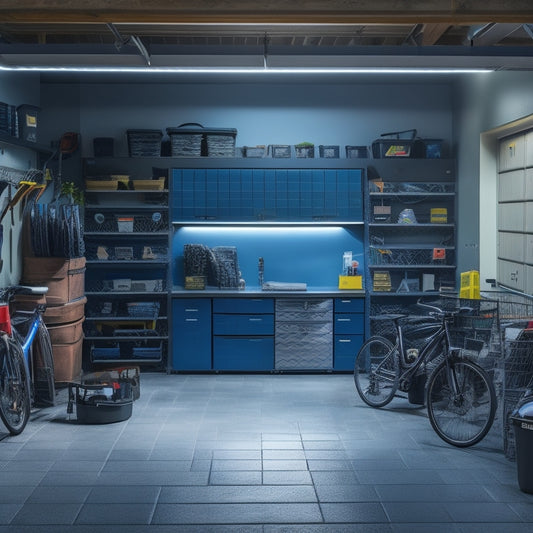 A well-lit, spotless garage with a sleek black sports car at center, surrounded by neatly organized toolboxes, labeled storage bins, and a pegboard with hung bicycles and gardening tools.
