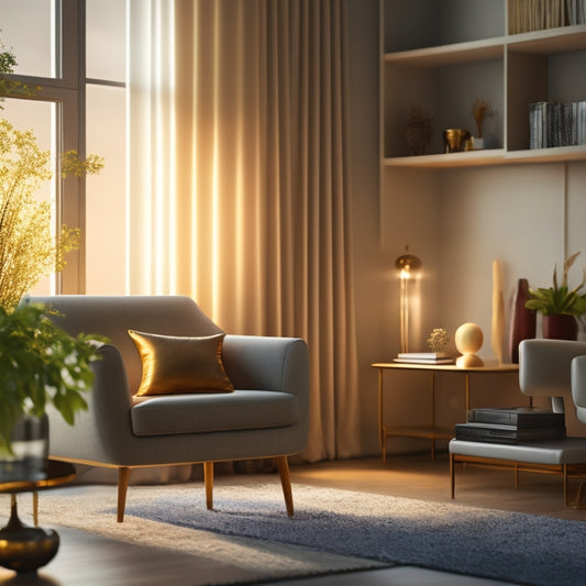 A serene, minimalist living room with a few, carefully placed decorative items, a tidy bookshelf, and a sleek, closed storage ottoman, illuminated by a warm, golden light.