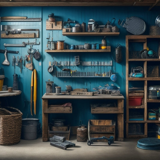 A cluttered garage with scattered tools and boxes transforms into a sleek, organized space with a slatwall, epoxy-coated floors, and a DIY pegboard, showcasing creative repurposing of old pallets and crates.