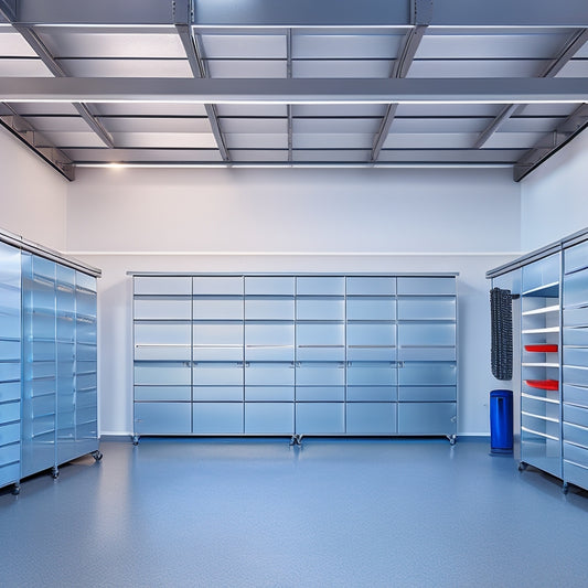 A sleek, modern garage with a silver overhead storage bin system installed, featuring three large bins with transparent lids, suspended from the ceiling by sturdy metal arms, against a clean white background.