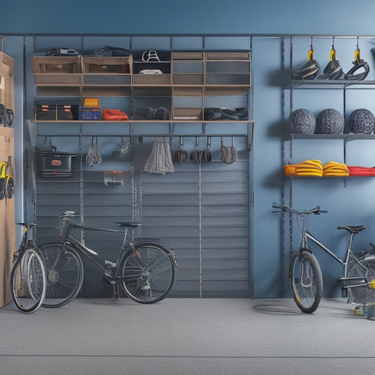 A clutter-free garage with a sleek, gray storage system featuring rows of hanging bikes, stacked crates of sports gear, and a pegboard with neatly organized accessories.