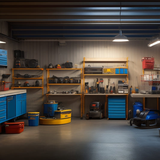 A well-lit garage interior with sturdy metal shelving units, each stacked with bulky equipment like toolboxes, generators, and machinery, surrounded by concrete floors and industrial-style walls.