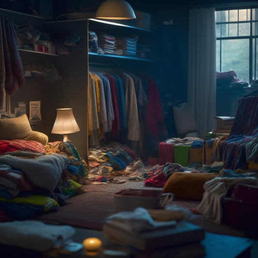A dimly lit, cluttered living room with piles of clothes, dusty decorations, and overflowing shelves, with a faint glimmer of a tidy area in the background, partially hidden by a messy curtain.