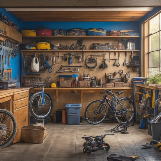 A cluttered garage with a variety of gear and equipment, including bicycles, tools, storage bins, and a workbench, with a few open cabinets and shelves in the background.