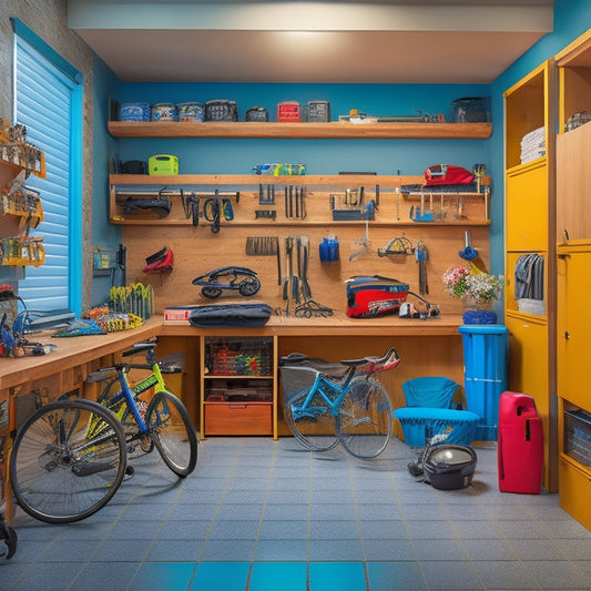 A clutter-free garage with adjustable shelving, grab bars, and a wheelchair-accessible workbench, featuring a variety of stored items, including bikes, tools, and sports equipment, in a bright and well-lit space.