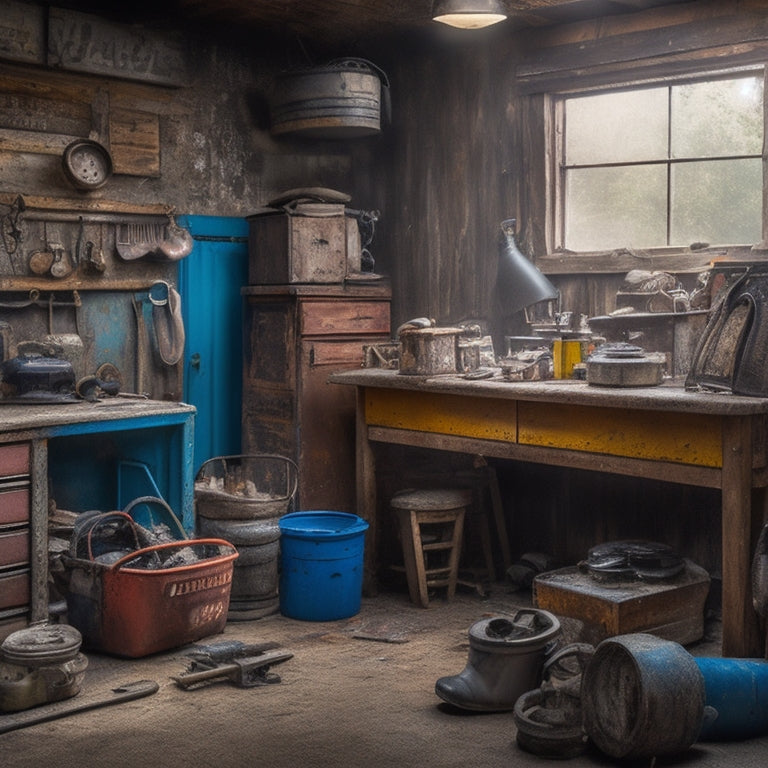 A cluttered garage with scattered tools, dusty shelves, and a disorganized workbench, surrounded by cobwebs, old car parts, and forgotten memorabilia, with a single, open door in the background.