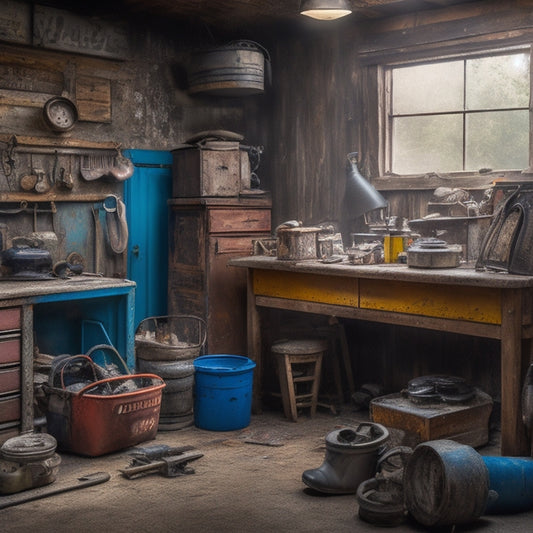 A cluttered garage with scattered tools, dusty shelves, and a disorganized workbench, surrounded by cobwebs, old car parts, and forgotten memorabilia, with a single, open door in the background.