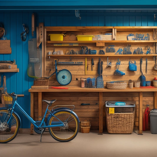 A well-organized garage with a slatwall, hooks, and bins, featuring a DIY workbench with a wooden top and metal legs, surrounded by neatly arranged tools and a few bicycles in the background.