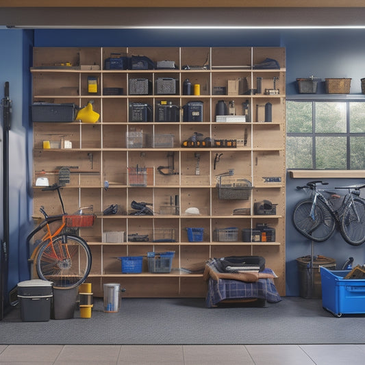 A modern, well-lit garage with sleek, wall-mounted shelving units, sliding bins, and a pegboard, showcasing a tidy arrangement of tools, bikes, and storage containers in a harmonious, clutter-free space.