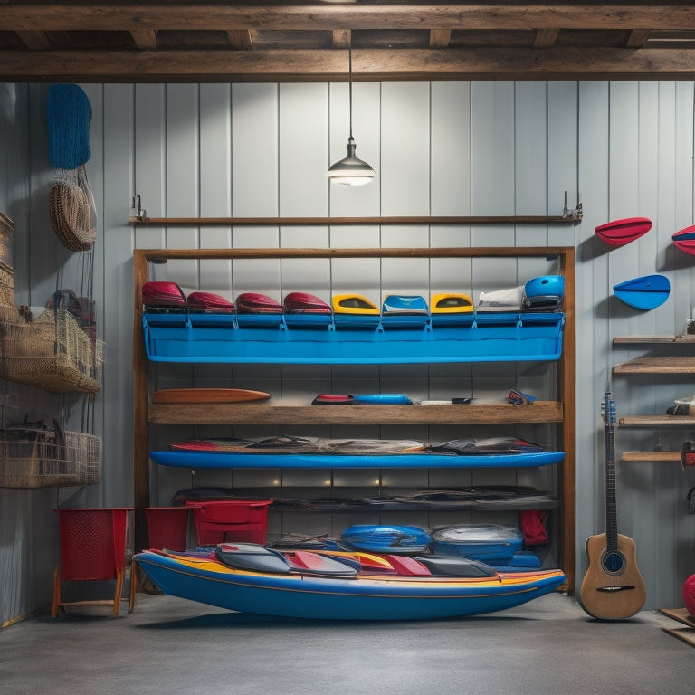 A well-organized garage with three kayaks and two canoes suspended from the ceiling using sturdy hooks and straps, surrounded by neatly stacked storage bins and a slatted wall system.