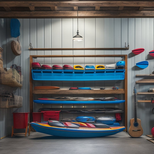 A well-organized garage with three kayaks and two canoes suspended from the ceiling using sturdy hooks and straps, surrounded by neatly stacked storage bins and a slatted wall system.