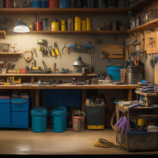 A cluttered garage workshop with scattered tools, tangled cords, and overflowing shelves, juxtaposed with a tidy workspace in the background, featuring organized bins, a labeled pegboard, and a sleek workbench.