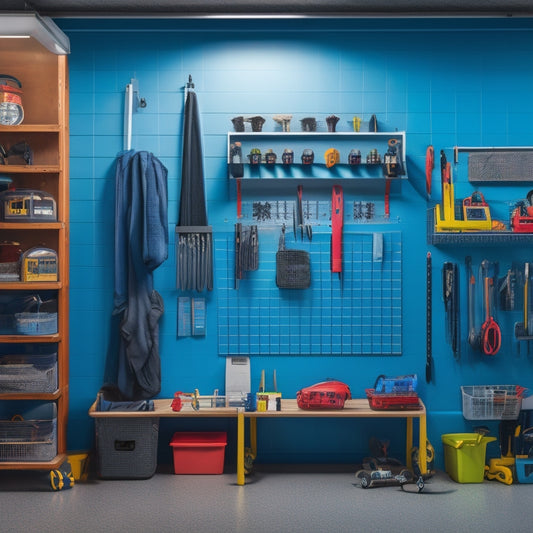 A well-lit, organized garage with a large, wall-mounted pegboard displaying an array of colorful tools and accessories, with a few strategically placed hooks and bins, surrounded by a clean, grey concrete floor.