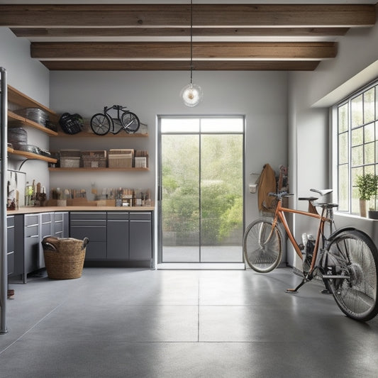 A clutter-free garage with polished concrete floors, sleek gray cabinetry, and a slatwall with hanging bikes and tools, illuminated by natural light pouring in through a large window.