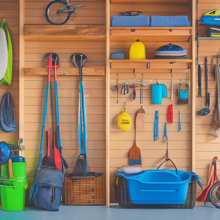 A clutter-free garage with a pegboard displaying organized outdoor gear, including a backpack, helmet, and kayak paddle, alongside a shelving unit with labeled bins and a hanging bike.